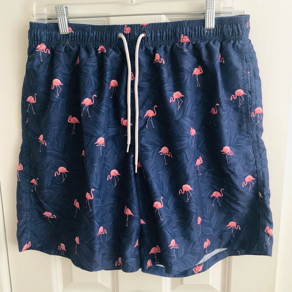 SHEIN Navy Blue Flamingo-Print Swim Trunks with White Drawstring
